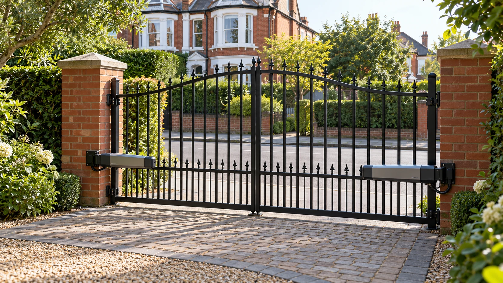 Illustrative black metal driveway gates with enclosed automation arms between brick piers, viewed from inside a residential driveway.