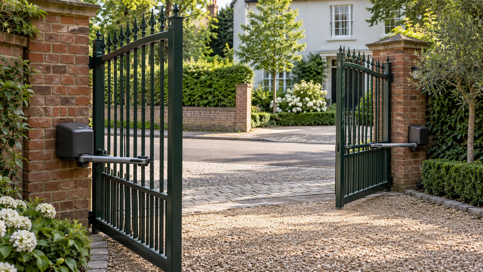 Illustrative dark green metal swing gates with surface-mounted operators on brick piers, viewed from a gravel driveway in daylight.