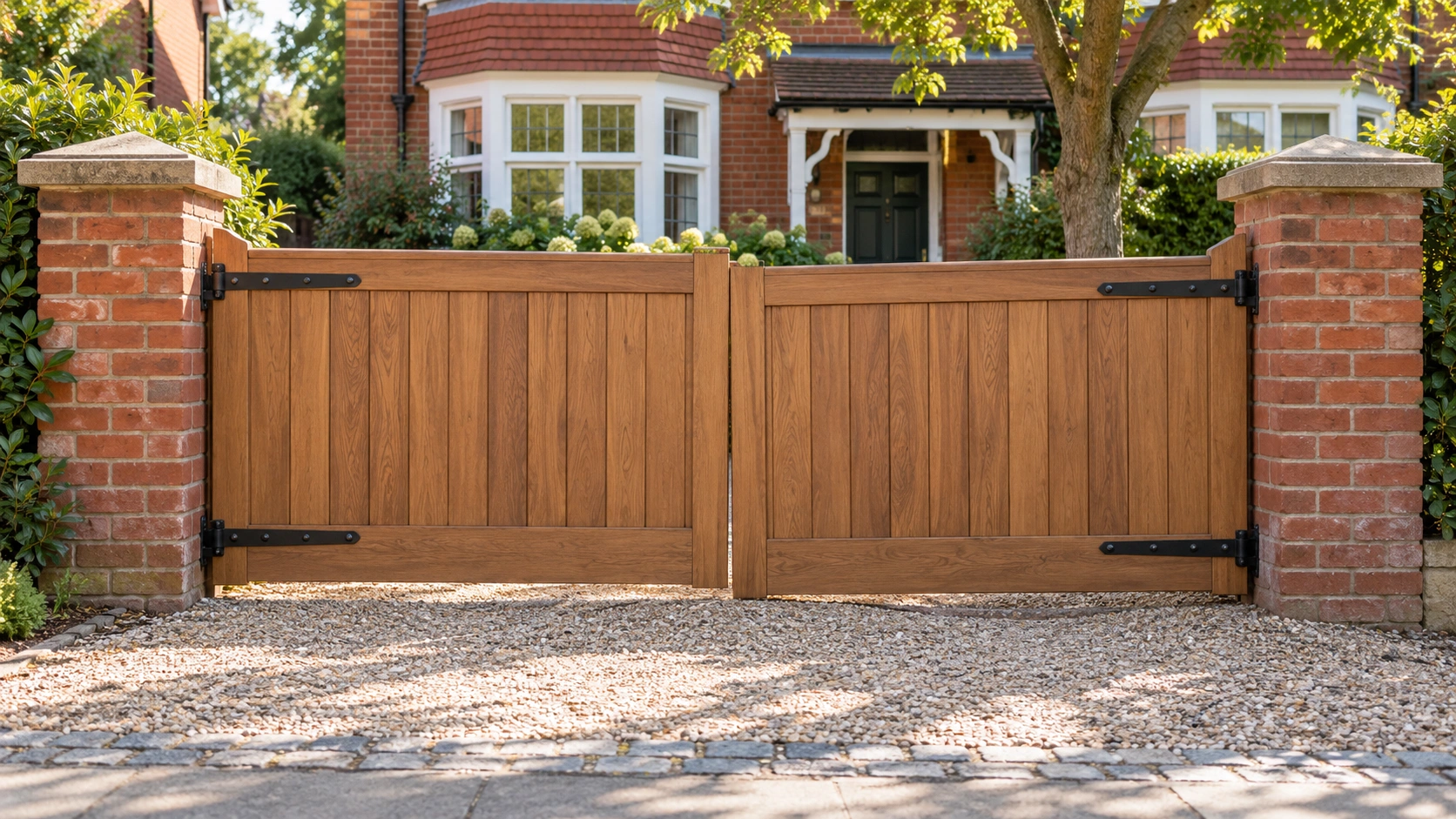 Illustration of a pair of wooden driveway gates between brick pillars at a London home, with the two leaves meeting slightly out of line at the centre.