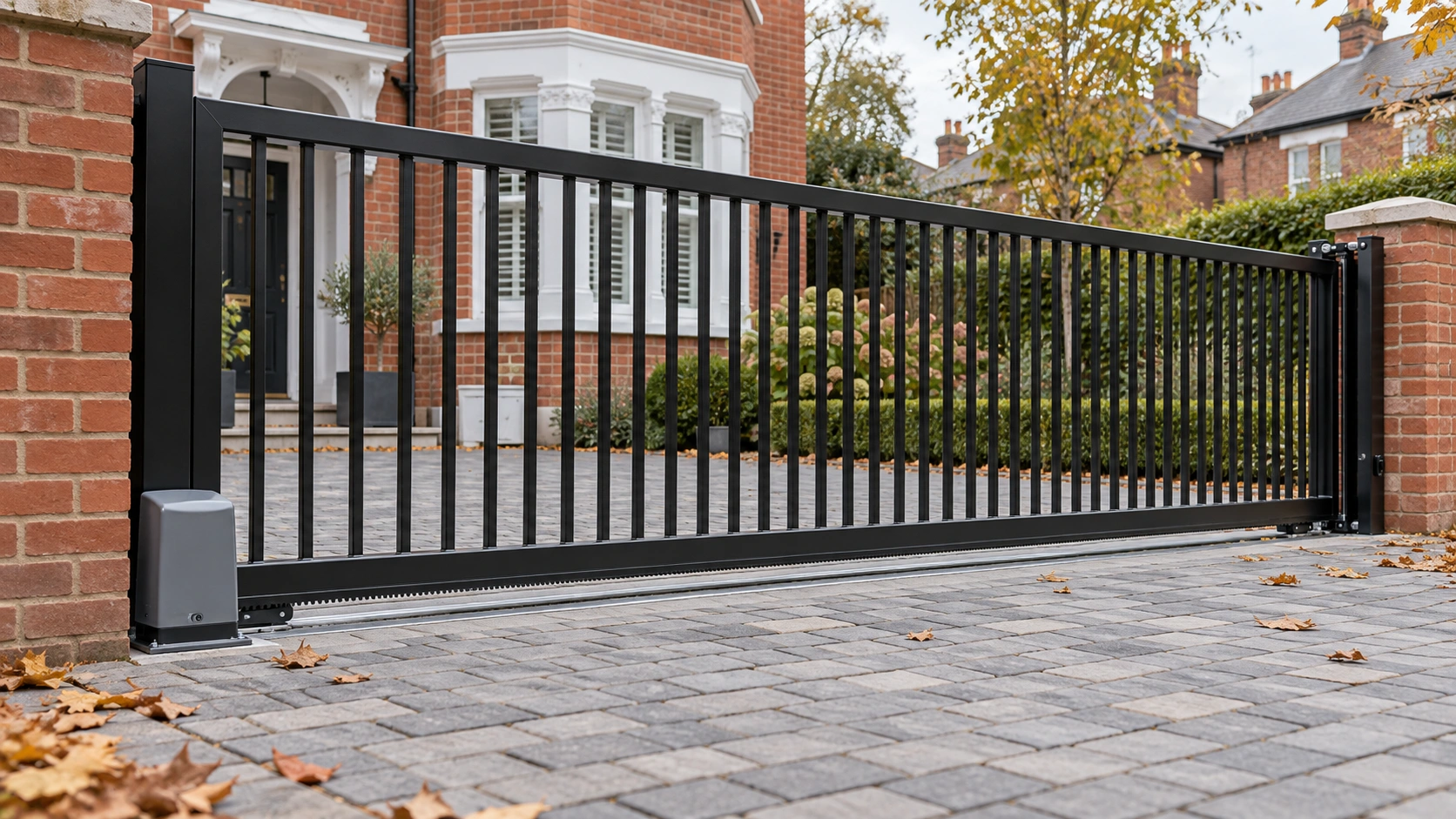 Illustration of a closed black metal sliding gate at a London home, running on a ground track set into block paving beside a brick pier.
