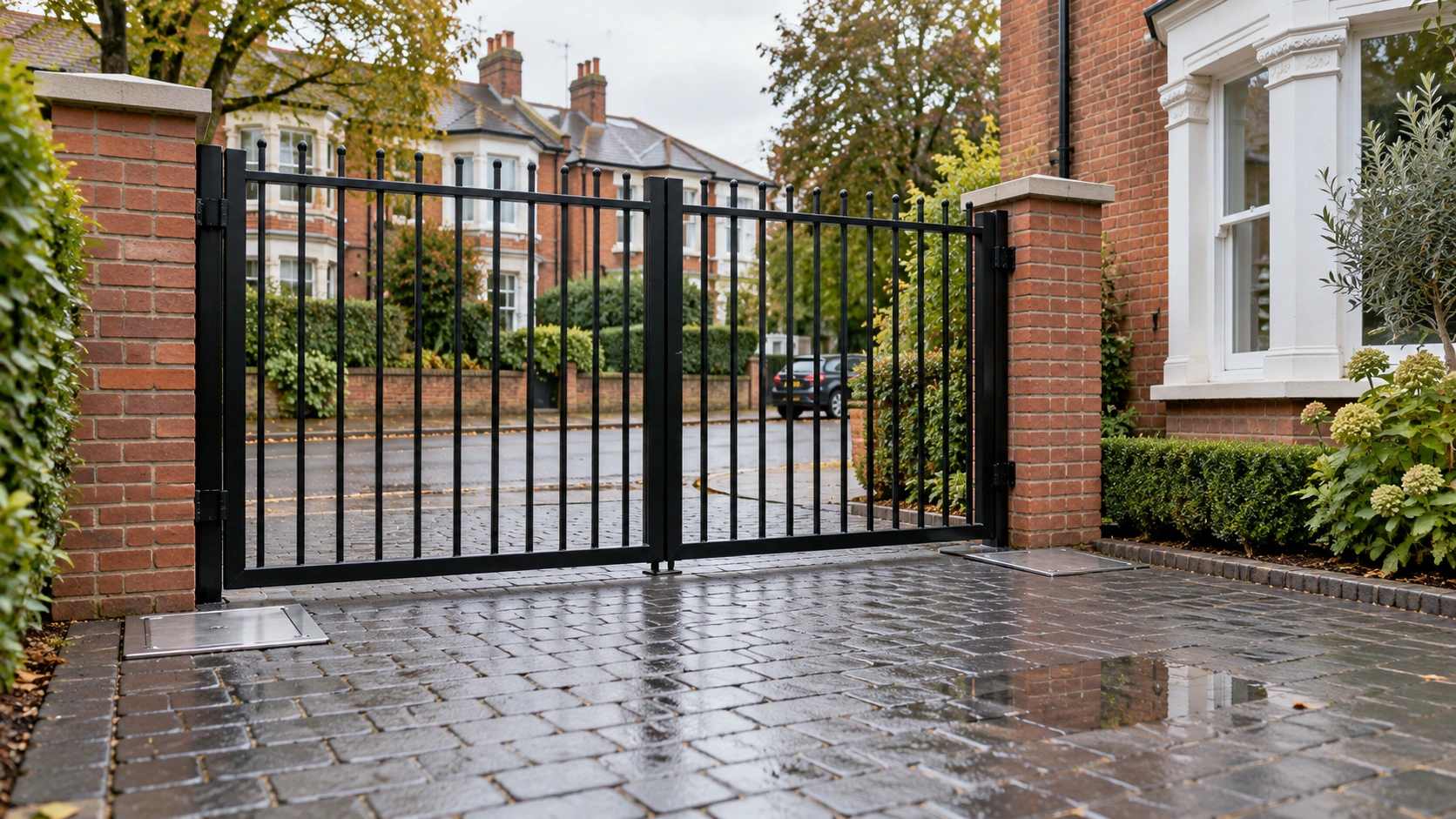 Illustration of closed black metal swing gates at a London home, with two flush steel foundation box covers set into damp paving at the base of each leaf.